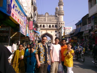 Family posing in front of Charminar